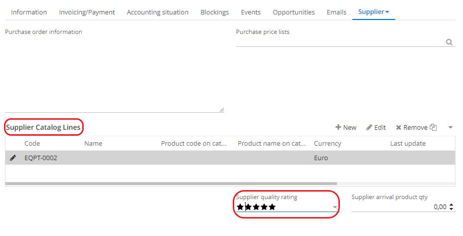 1.3 Example of the supplier catalogue with product lines in a Supplier Tab. The Supplier's Quality Level was entered for this supplier when the products were received and can therefore be viewed directly on the Supplier tab.